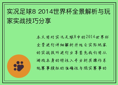 实况足球8 2014世界杯全景解析与玩家实战技巧分享