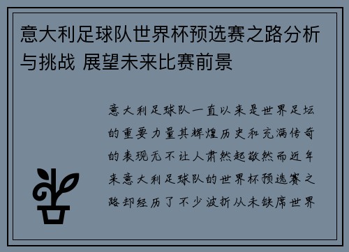 意大利足球队世界杯预选赛之路分析与挑战 展望未来比赛前景
