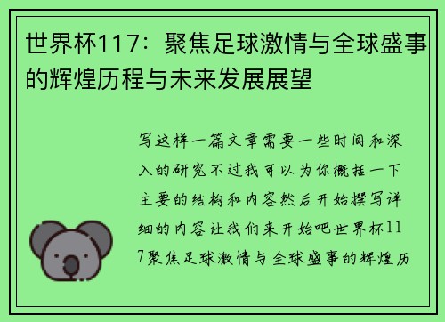 世界杯117：聚焦足球激情与全球盛事的辉煌历程与未来发展展望