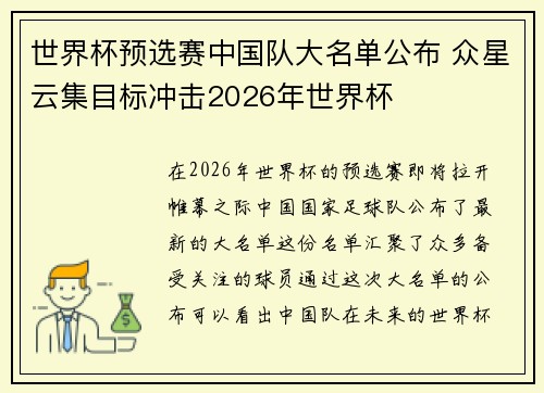 世界杯预选赛中国队大名单公布 众星云集目标冲击2026年世界杯